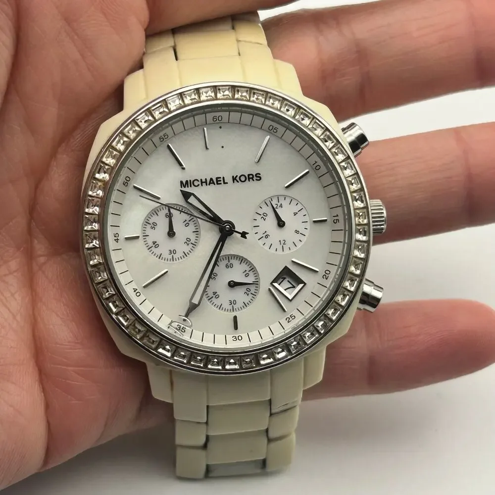 Michael Kors Runway MK-5079 White Acrylic Band Women’s Watch New Battery